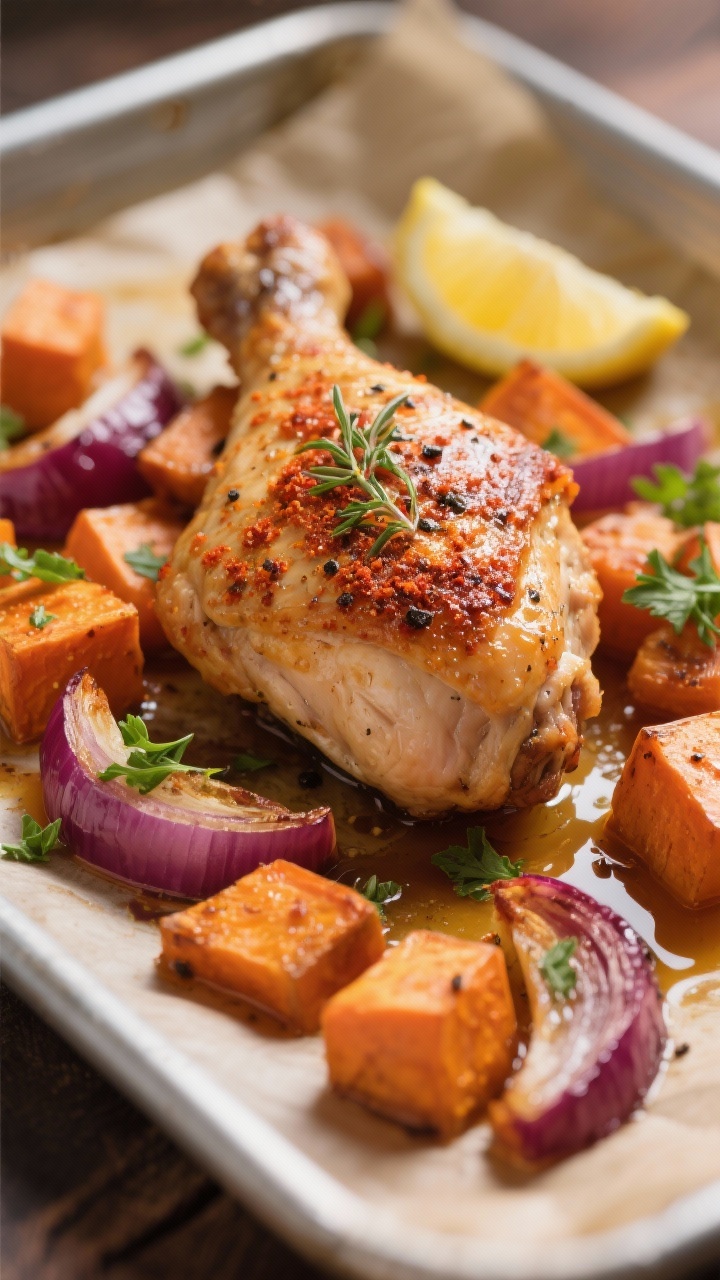 Close-up detail: Skin-on baked chicken thigh resting on caramelized sweet potato cubes and roasted r