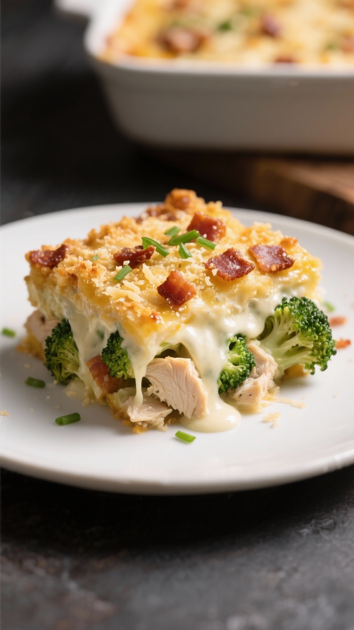 Close-up detail slice: A plated square of the casserole on a matte white plate, gooey cheese pull re