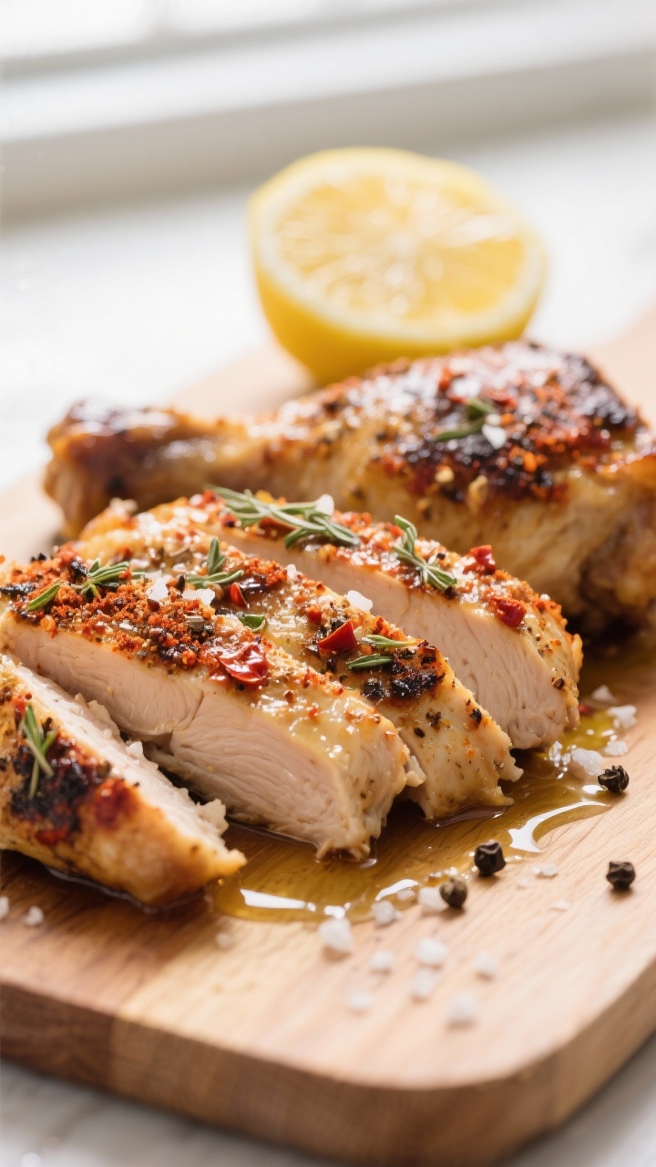 Close-up detail: Sliced baked chicken thighs resting on a cutting board, glistening with olive oil a