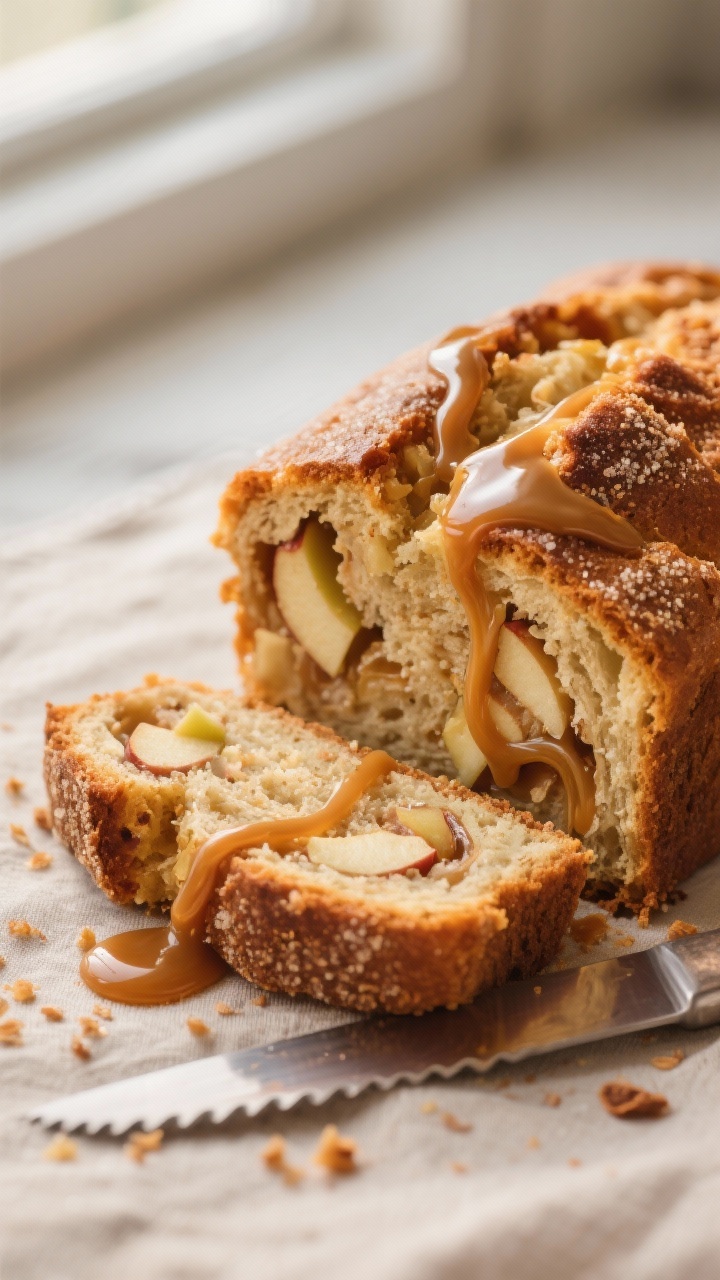 Caramel Apple Bread Using Extra Apples: The Sticky-Sweet Loaf That Turns Fruit Overflow into a Flex Close-up detail: Sliced caramel apple bread with visible ribboned caramel pockets and tender crumb,