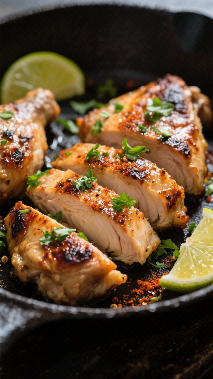 Close-up detail: Sliced cumin-chili lime chicken thighs just off the skillet, juicy charred edges gl