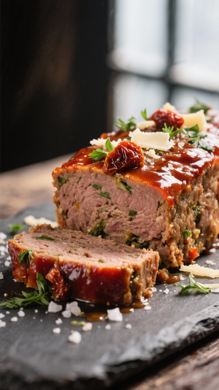 Close-up detail: Sliced Italian meatloaf with glossy tomato-balsamic glaze caramelized on the edges,