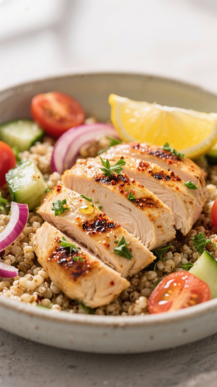 Close-up detail: Sliced lemon-herb chicken just off the grill, juicy and glistening with olive oil, 