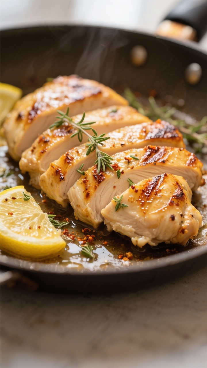 Close-up detail: Sliced lemon-herb chicken just off the skillet, showing golden sear marks and juicy