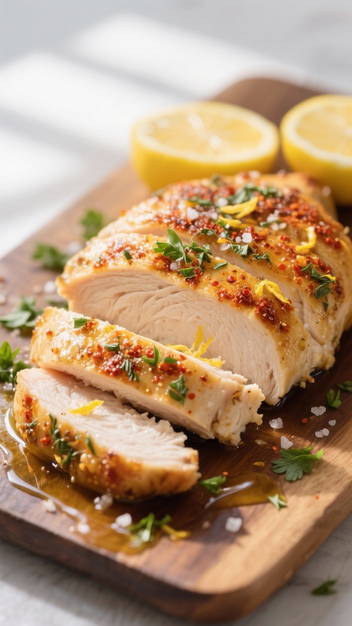 Close-up detail: Sliced lemon herb chicken resting on a board with visible golden sear and paprika-o