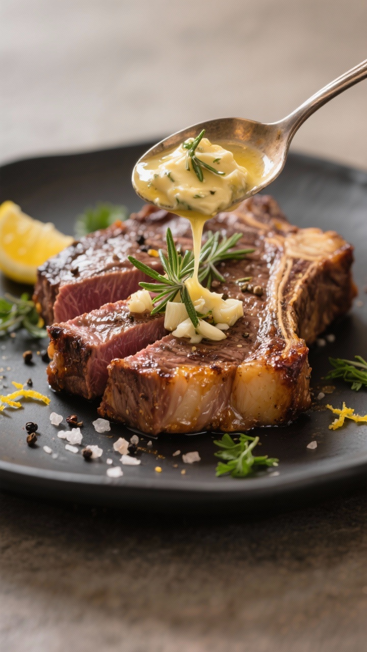 Close-up detail: Sliced medium-rare ribeye with a deep golden crust and visible rendered fat, gliste