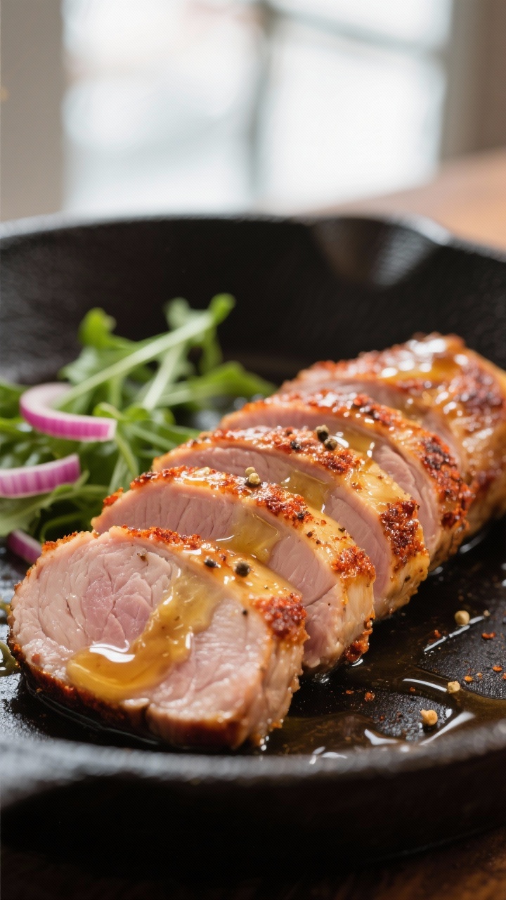 Close-up detail: Sliced pork tenderloin just after resting, thin medallions glistening with honey mu