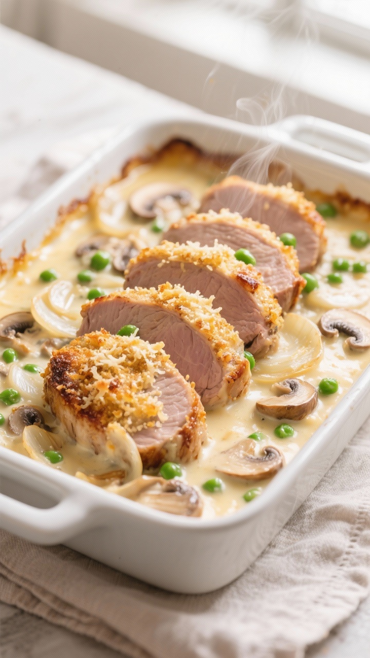 Close-up detail: Sliced, seared pork tenderloin medallions nestled in a bubbling creamy cheese sauce
