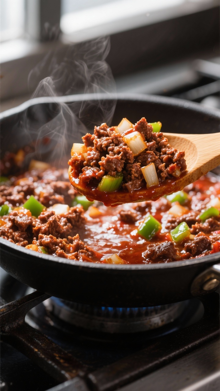 Close-up detail: Sloppy Joe slider filling simmering in a skillet until thick and glossy, showcasing
