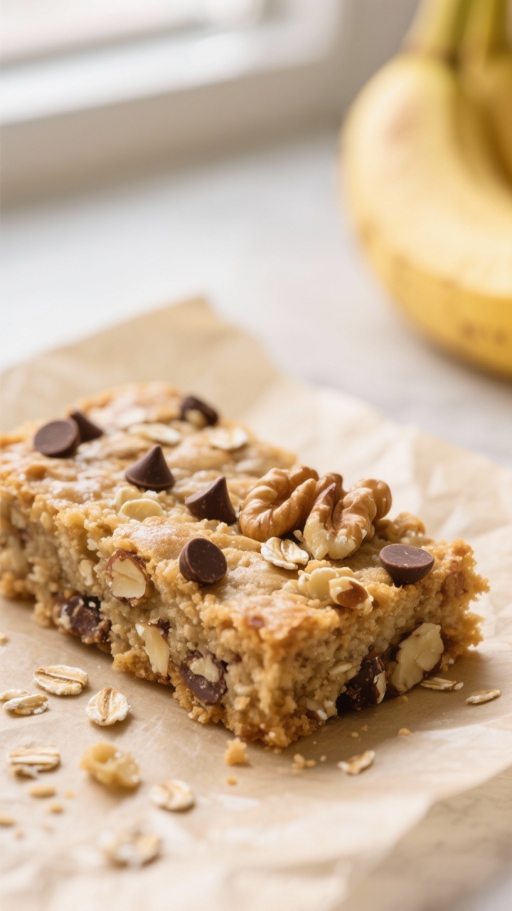 Close-up detail: Soft-baked banana breakfast bar slice just after cooling, showing moist crumb with 