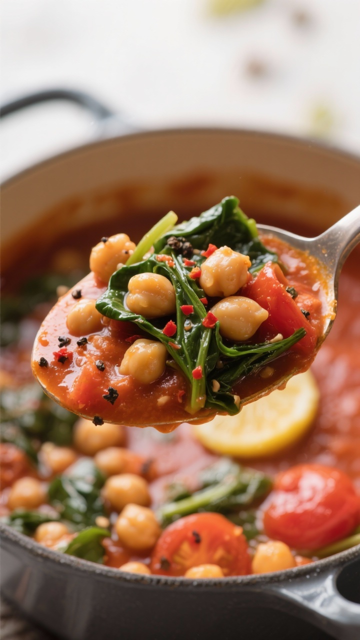 Close-up detail: Spoonful of finished chickpea & spinach tomato stew lifted just above the pot, show