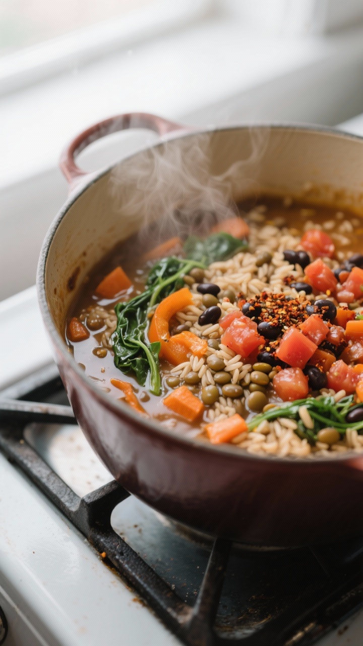 Close-up detail: Steaming Budget Clean Tex-Medley base in a Dutch oven during the simmer stage, show