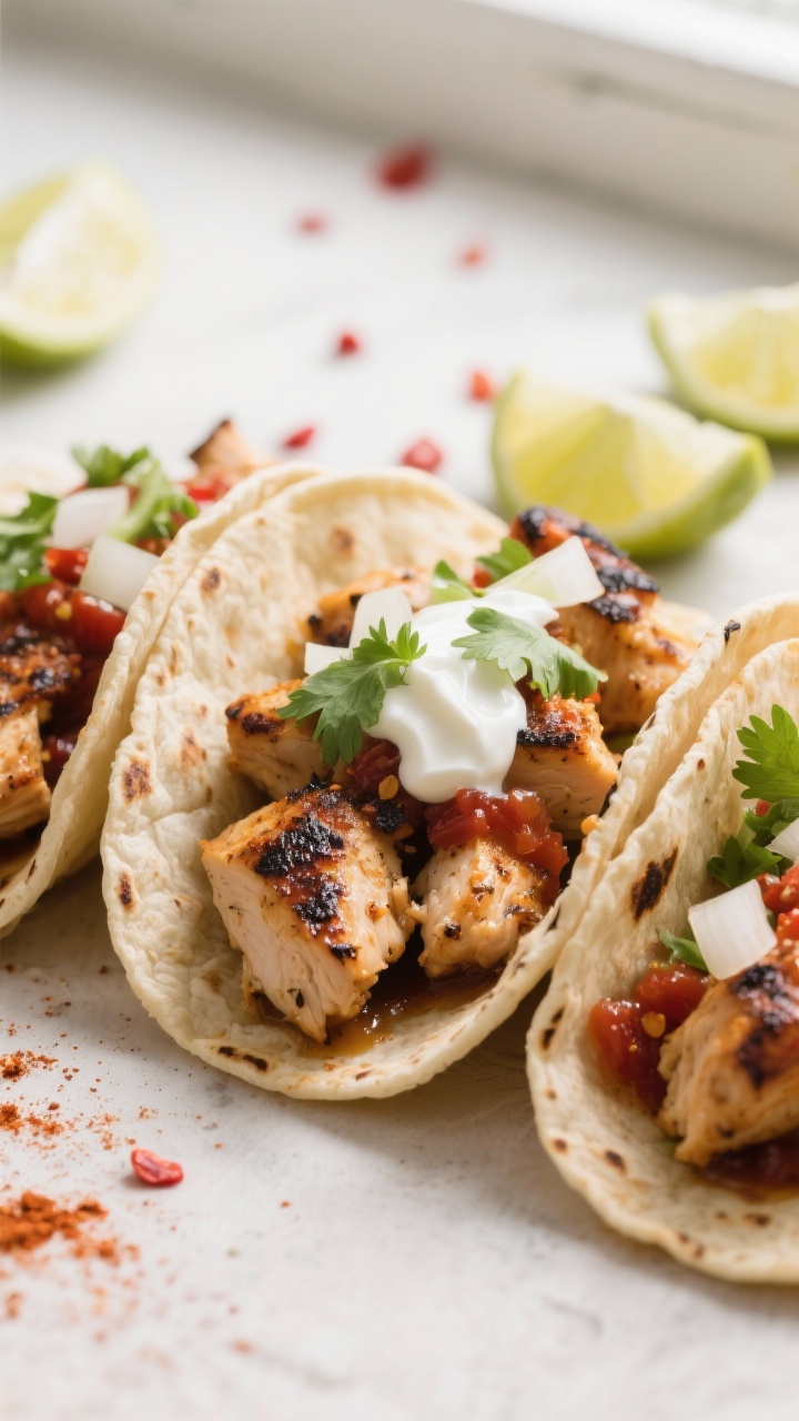 Close-up detail: Street-style leftover grilled chicken tacos, charred chicken pieces tossed with lim