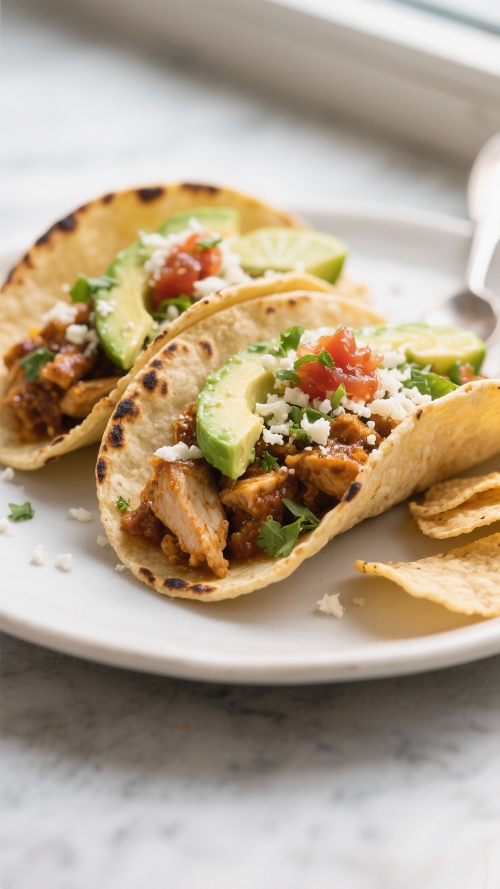 Close-up detail — Street Tacos plated: Macro-style close-up of two small corn tortillas filled wit