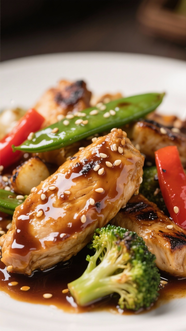 Close-up detail: Thick, glossy soy-garlic-ginger sauce clinging to juicy chicken pieces and vibrant 