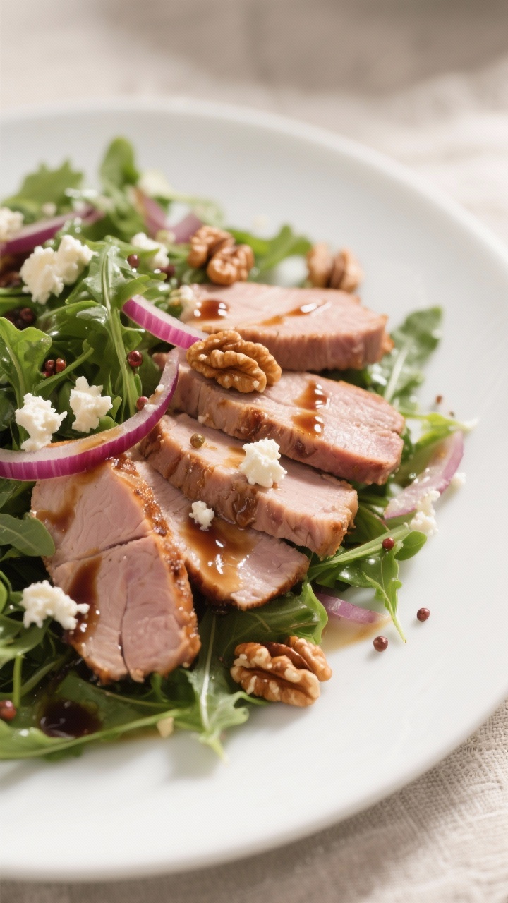 Close-up detail: Thinly sliced leftover pork tenderloin fanned over glossy mixed greens, goat cheese