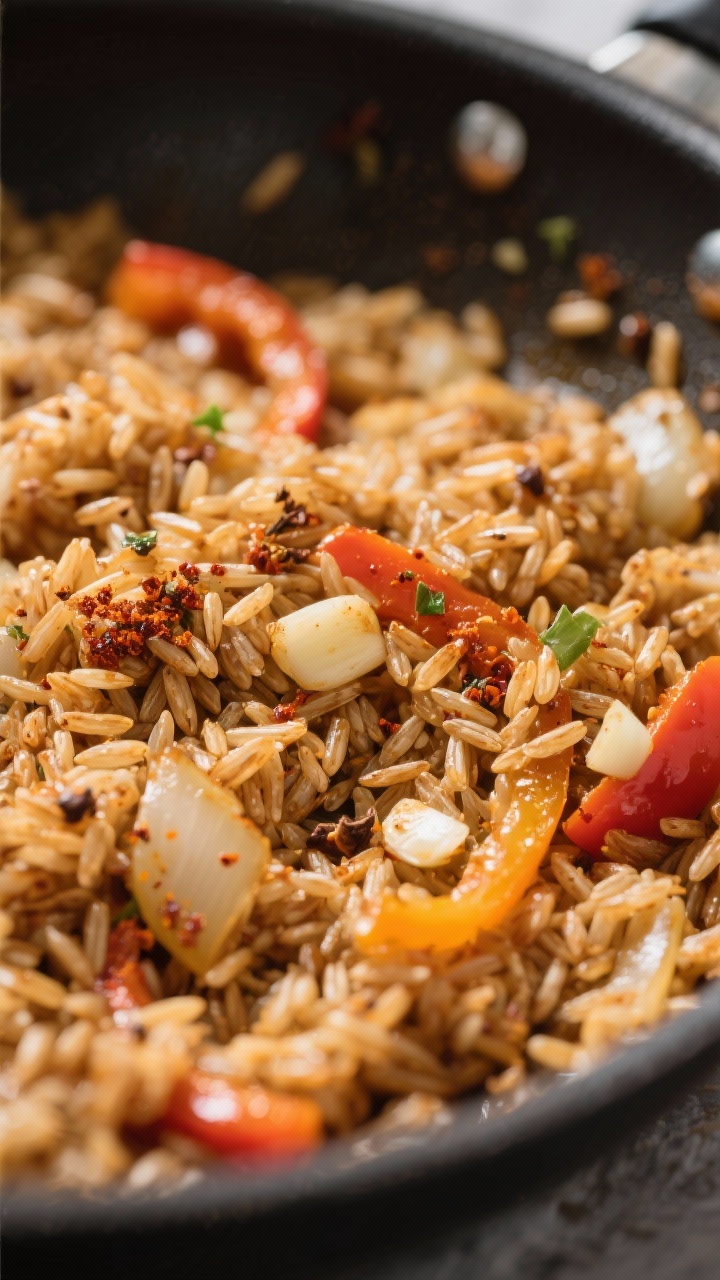 Healthy Family Dinners Made Simple: Clean Eating On A Budget That Doesn’t Taste Like Homework Close-up detail: Toasted brown rice coated in aromatics in the skillet, grains separated and glossy,