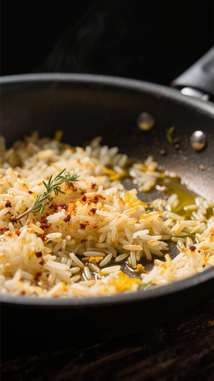Close-up detail: Toasted jasmine rice in a deep skillet after spices have bloomed, each grain gliste