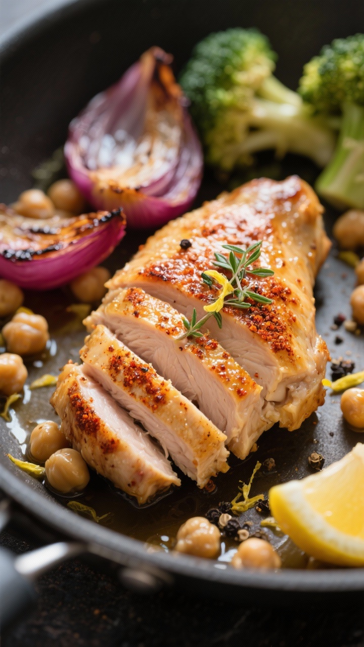 Simple Healthy Dinners for Big Families: Clean Eating On A Budget That Won’t Break You (Or Your Schedule) Close-up detail: Ultra close-up of a single chicken thigh sliced to show juicy interior at 165°F wi