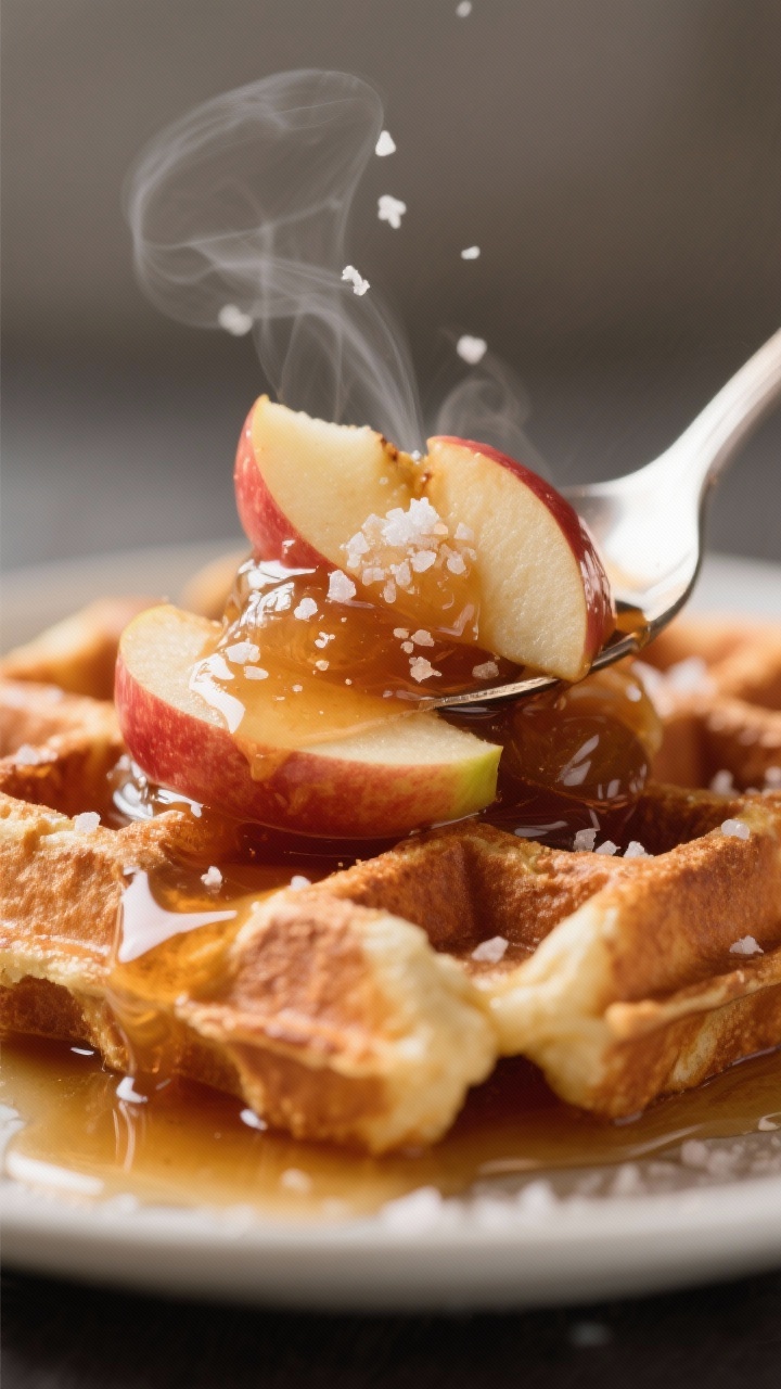 Leftover Apple Pancake Topping Recipe That Turns Sad Fruit Into Breakfast Gold (In 10 Minutes) Close-up detail: Ultra-tight macro of the finished apple topping spooned over waffles, showcasing th