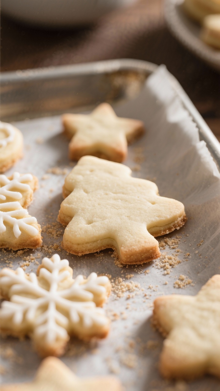 Close-up detail: Vegan cut-out sugar cookies fresh from the oven, edges set and matte with a soft, t