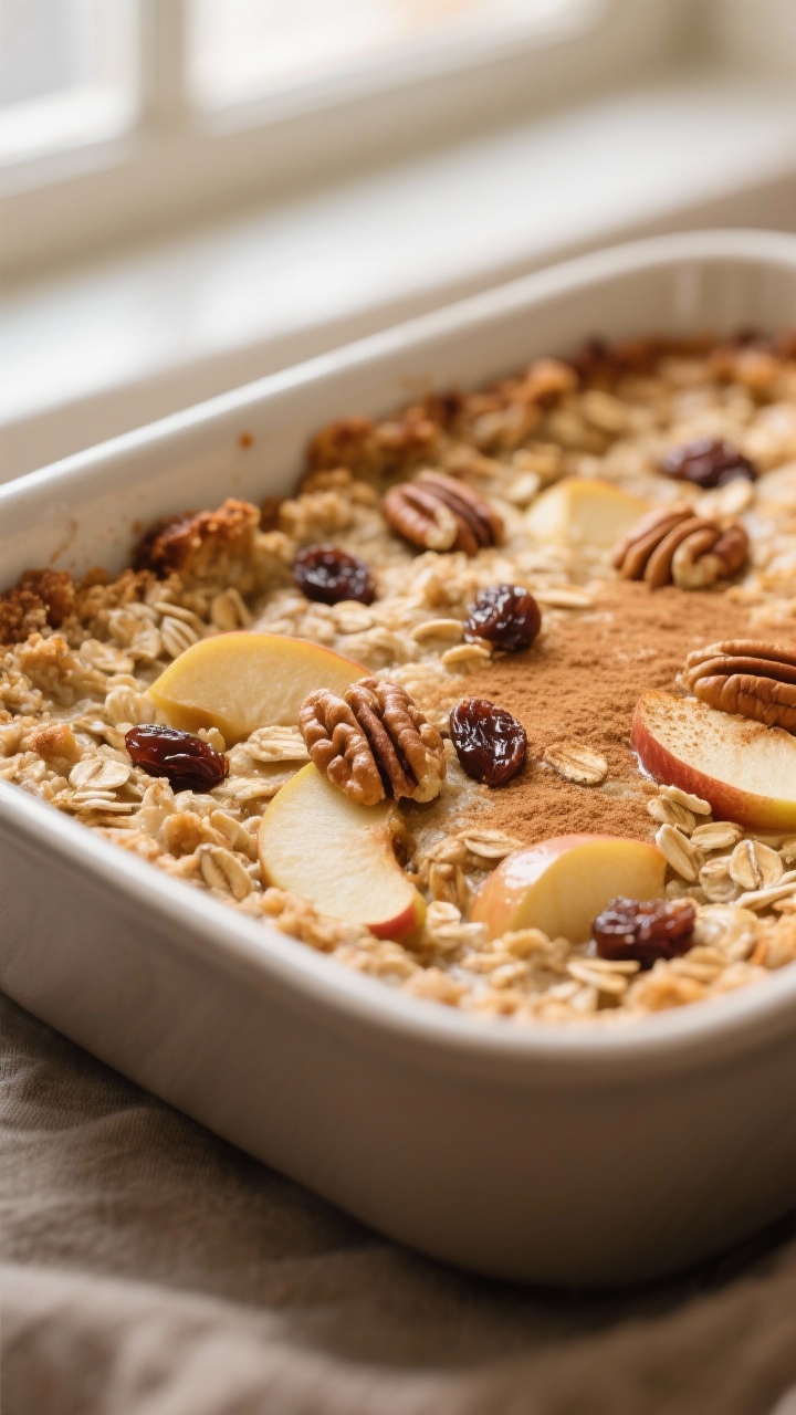 Warm Cinnamon Apple Oatmeal Bake (From Leftover Apples) — The Lazy Genius Breakfast That Tastes Like a Hug Close-up detail: Warm cinnamon apple oatmeal bake just out of the oven, golden set top with crisped