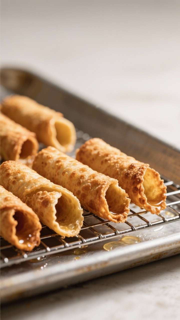 Close-up detail: Warm, freshly fried cannoli shells just off the tubes, golden-brown with tiny blist