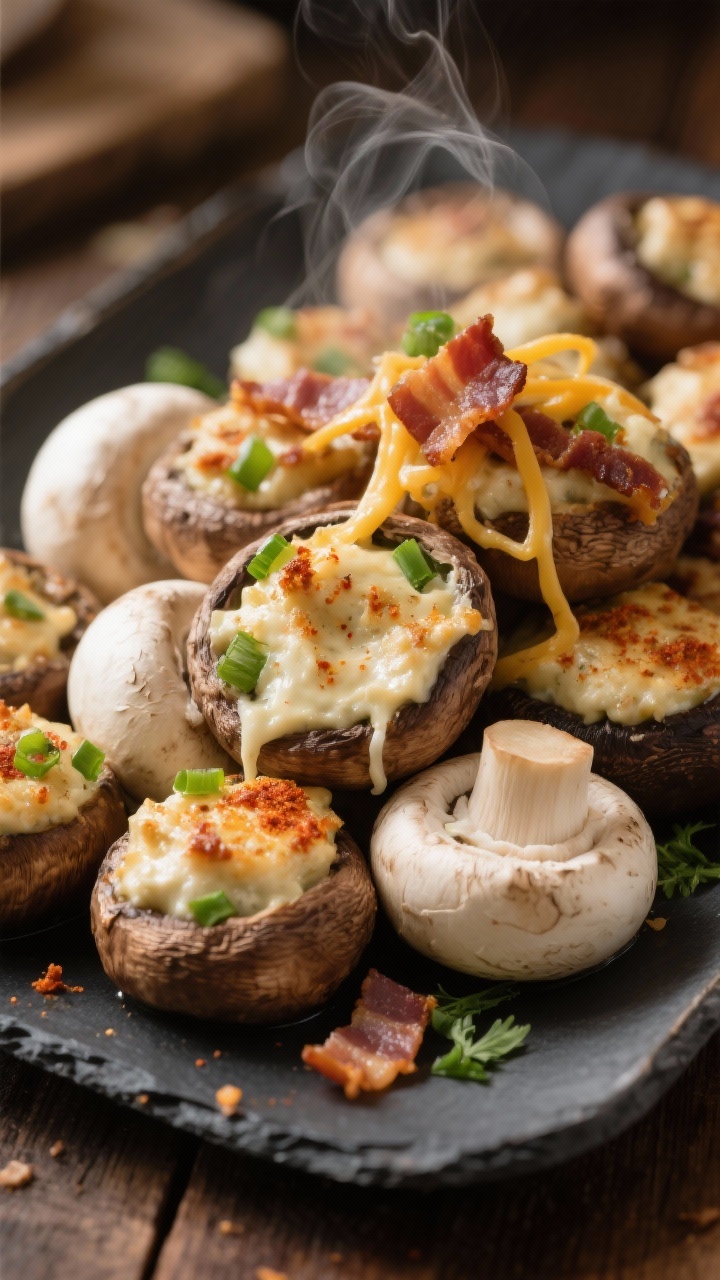 Close-up platter moment: A warm serving tray piled with assorted sizes of stuffed mushrooms (white a