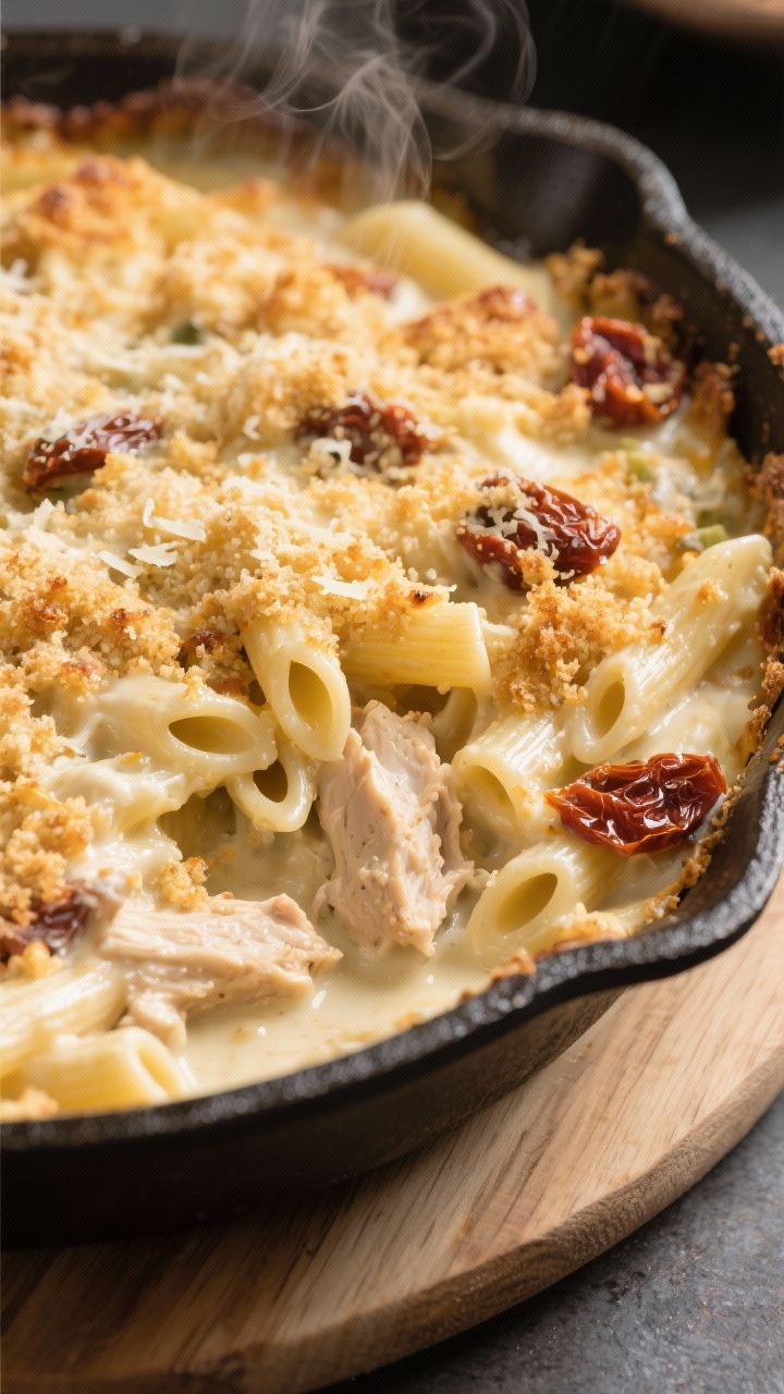 Comforting bake moment: One-pan Alfredo pasta bake just pulled from the oven—penne in creamy sauce