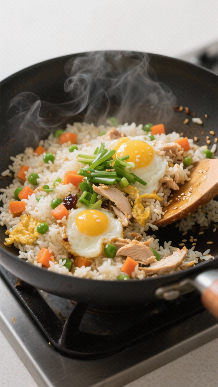 Cooking process: 15-minute chicken fried rice being stir-fried in a wok—steam rising as scrambled 