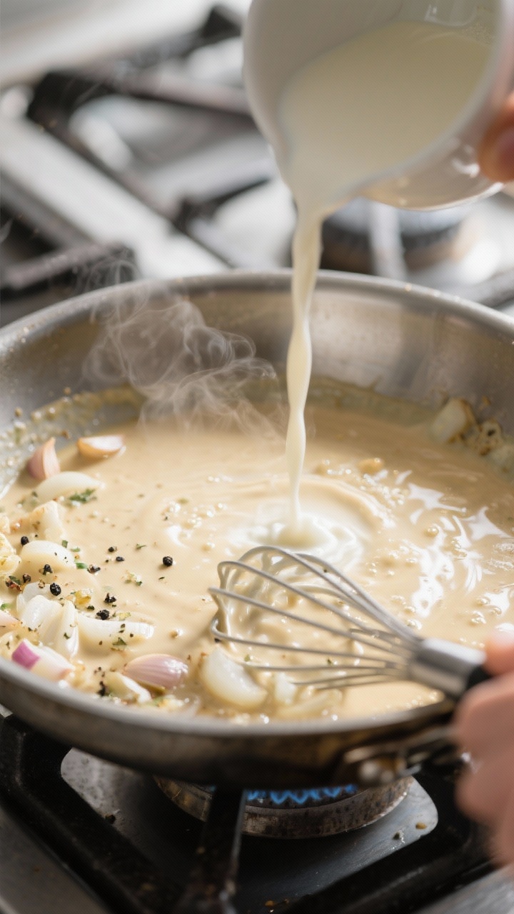 Cooking process: A deep skillet on the stovetop with the creamy roux turning glossy as milk is whisk