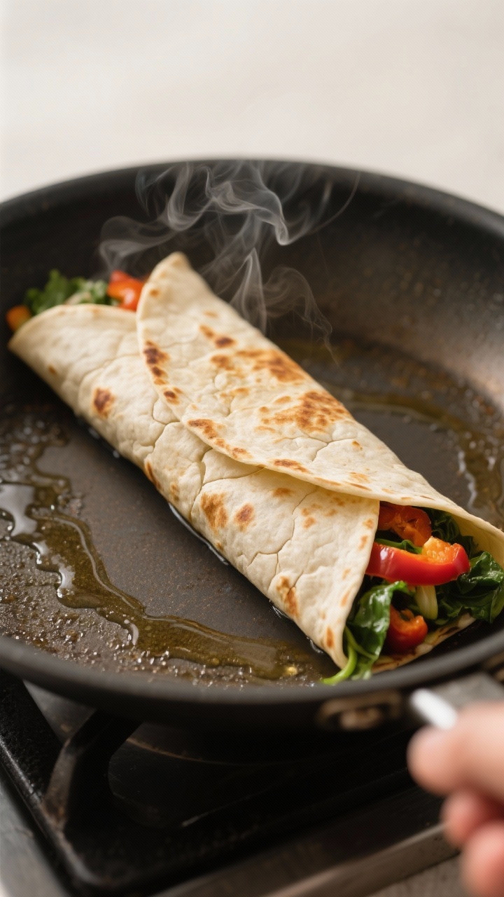 Cooking process: A just-rolled leftover vegetable wrap seam-side down in a lightly oiled skillet, cr