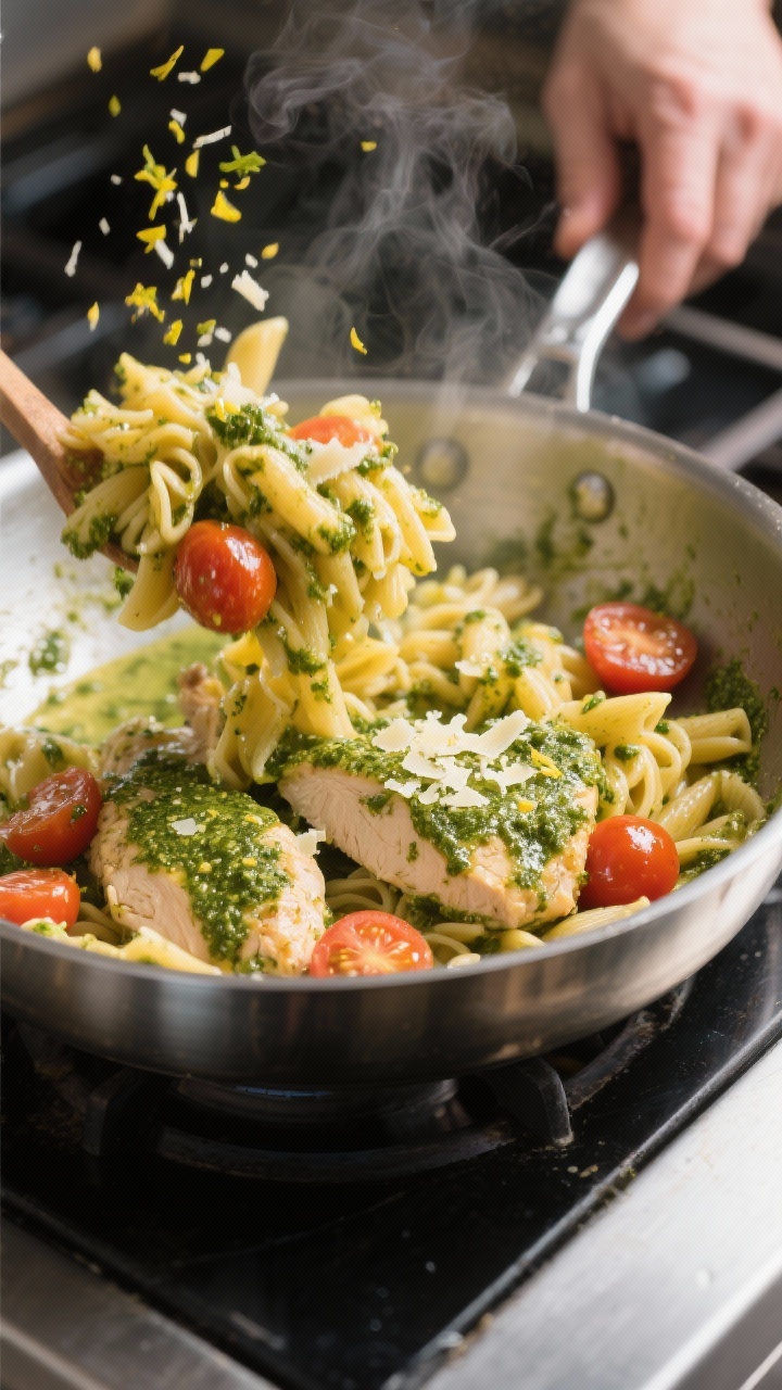 Cooking process action: One-pan chicken pesto pasta being tossed in a wide stainless pot — al dent