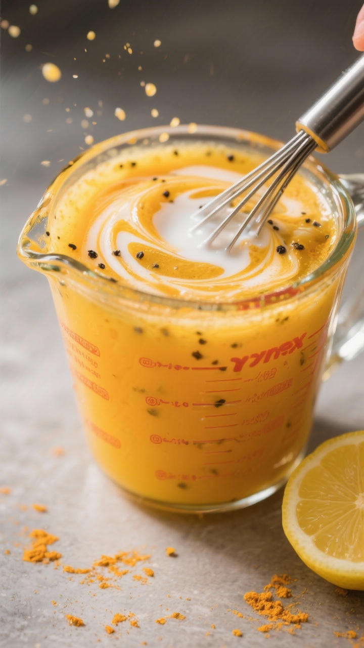 Cooking process action: Turmeric Tonic being whisked in a glass measuring cup—warm golden-orange l