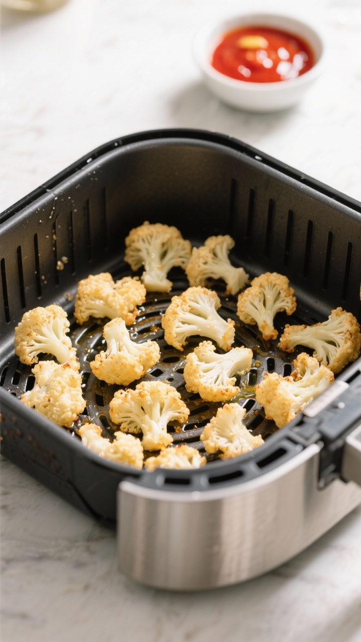 Cooking process: Air fryer basket pulled out mid-cook showing a single-layer of evenly spaced, light