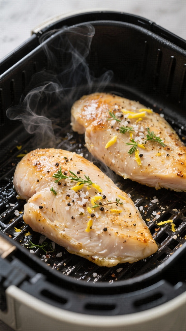 Cooking process: Air fryer basket shot mid-cook at 380°F, two seasoned chicken breasts in a single 