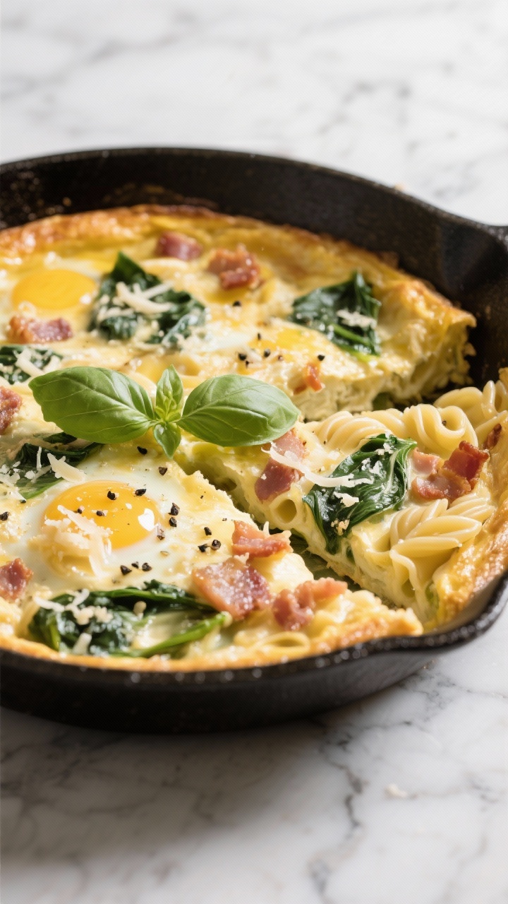 Cooking process: Alfredo frittata in an oven-safe skillet just out of a 375°F oven, top lightly puf