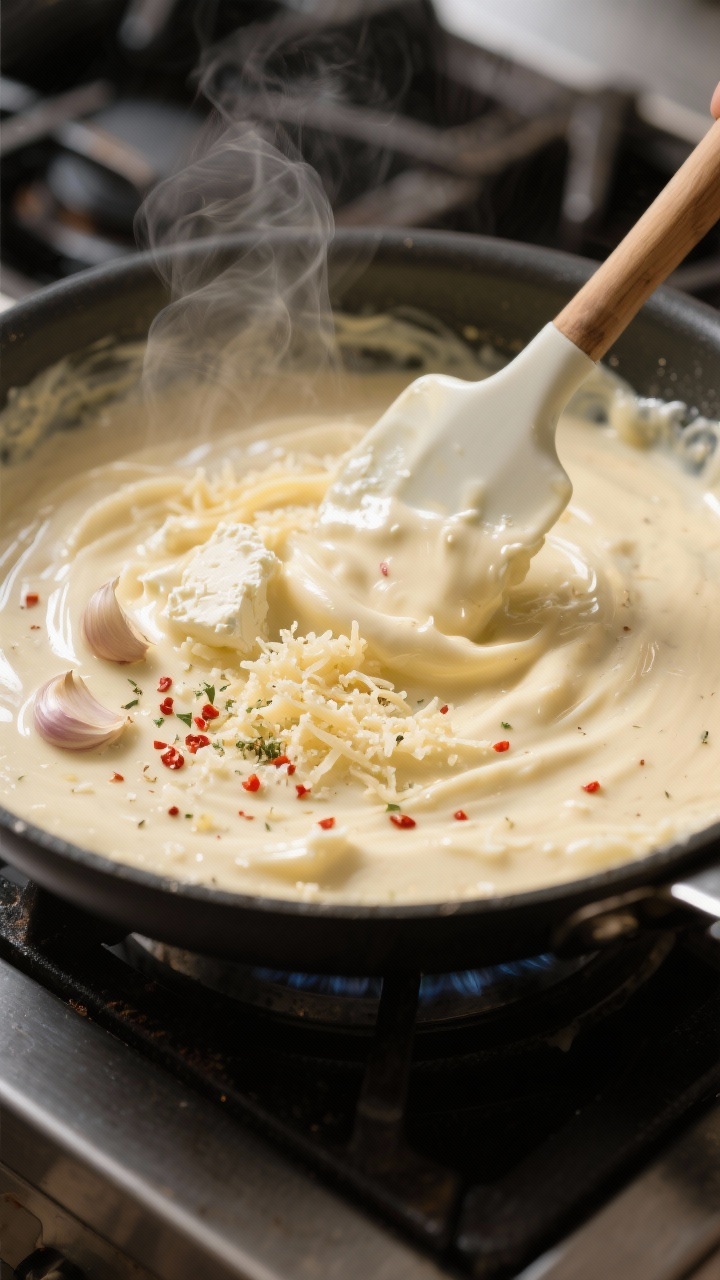 Cooking process: Alfredo sauce being stirred in a skillet at a gentle simmer—silky, thick cream ba