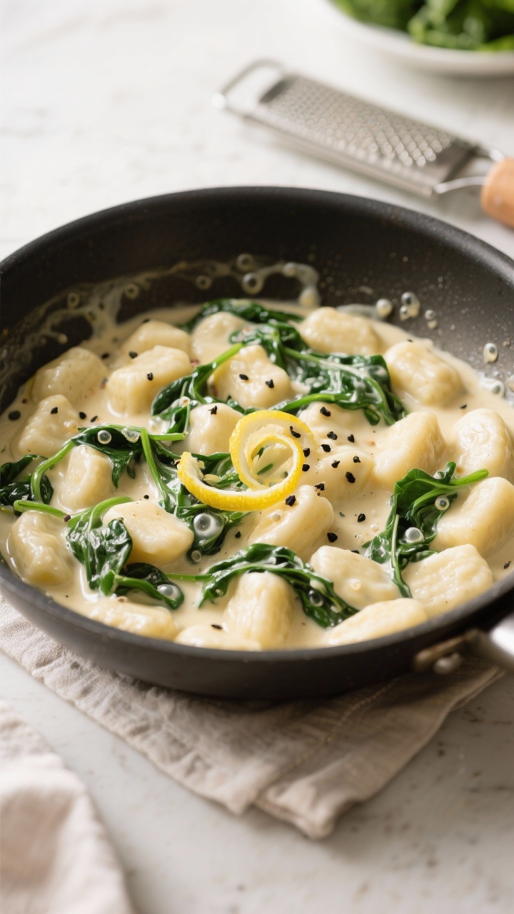 Cooking process: Alfredo spinach gnocchi simmering in a sauté pan; pillowy gnocchi coated in glossy