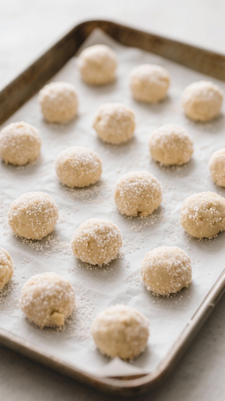 Cooking process: Almond flour sugar cookie dough balls rolled in coarse sugar and just pressed to 1/