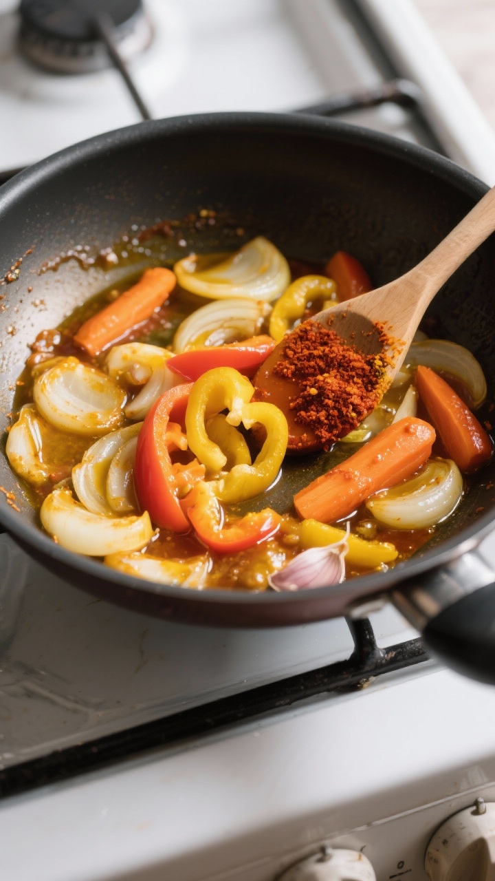 Cooking process: Aromatic base blooming in oil—golden onions, softened carrots and bell peppers wi