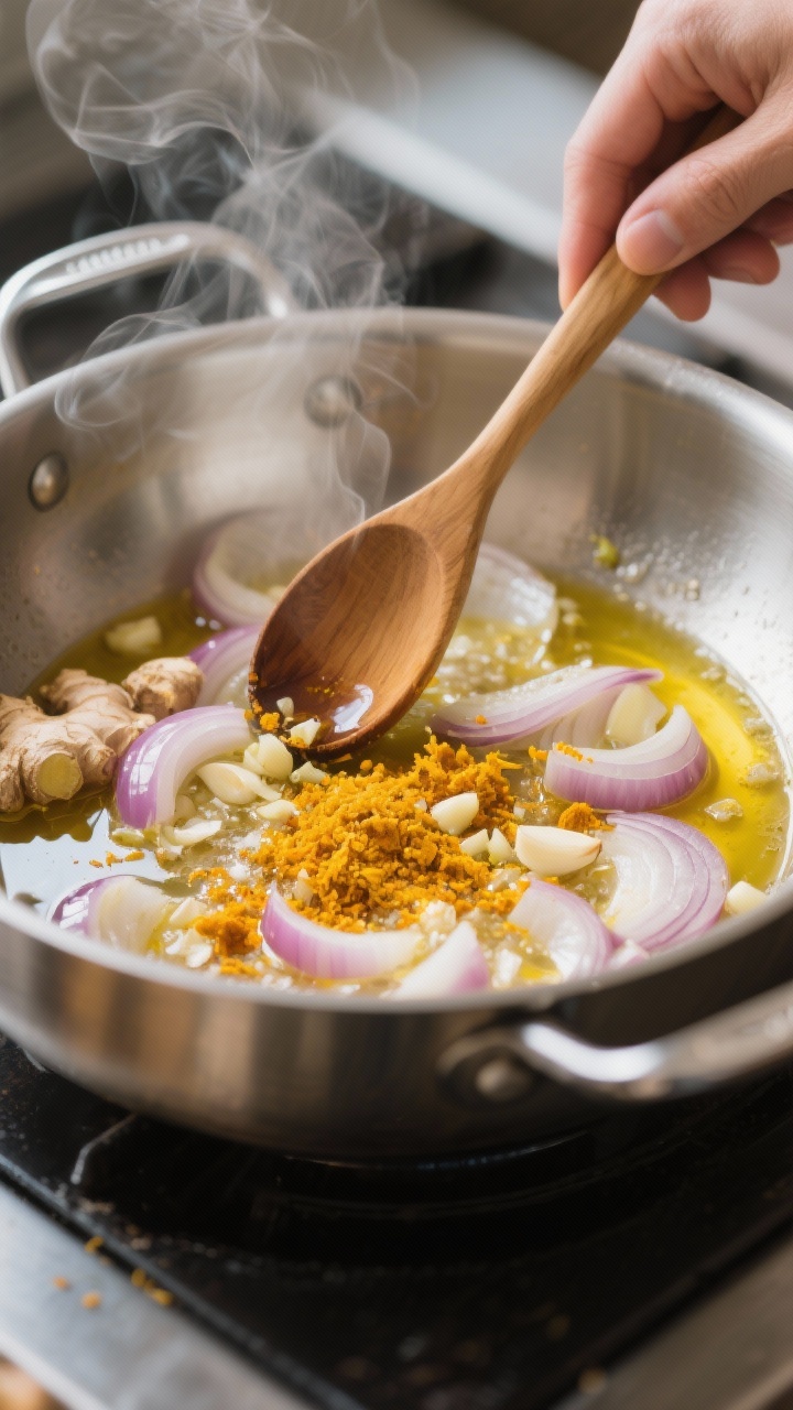 Cooking process: Aromatic base sauté moment in a wide stainless pot—onions translucent with gloss
