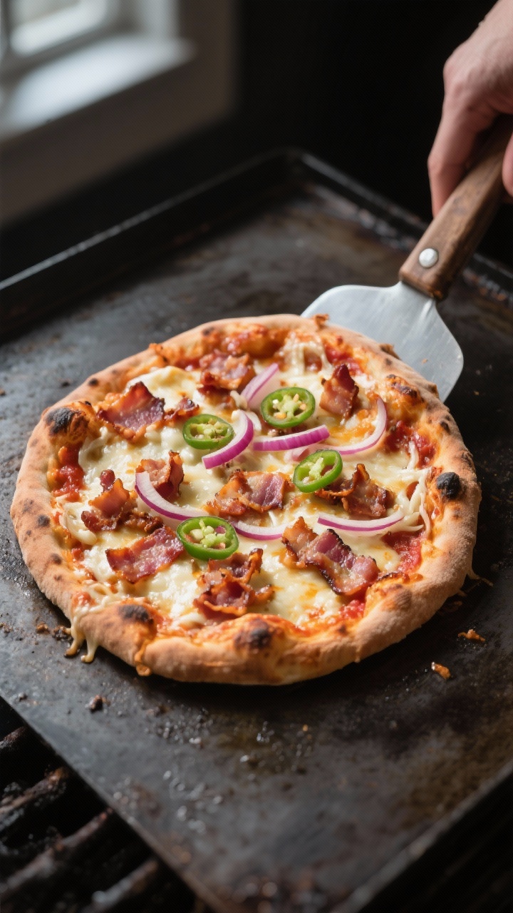 Leftover Bacon Pizza Topping Ideas 🥓🍕: 21 Game-Changing Combos You’ll Wish You Tried Sooner Cooking process: Bacon-topped pizza mid-bake on a preheated pizza steel at 500°F, cheese bubbling a