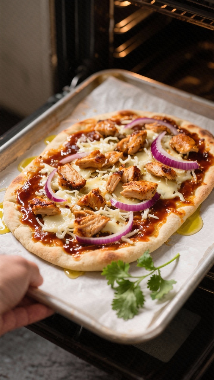Cooking process: BBQ chicken flatbread going into the oven on a parchment-lined sheet pan—flatbrea