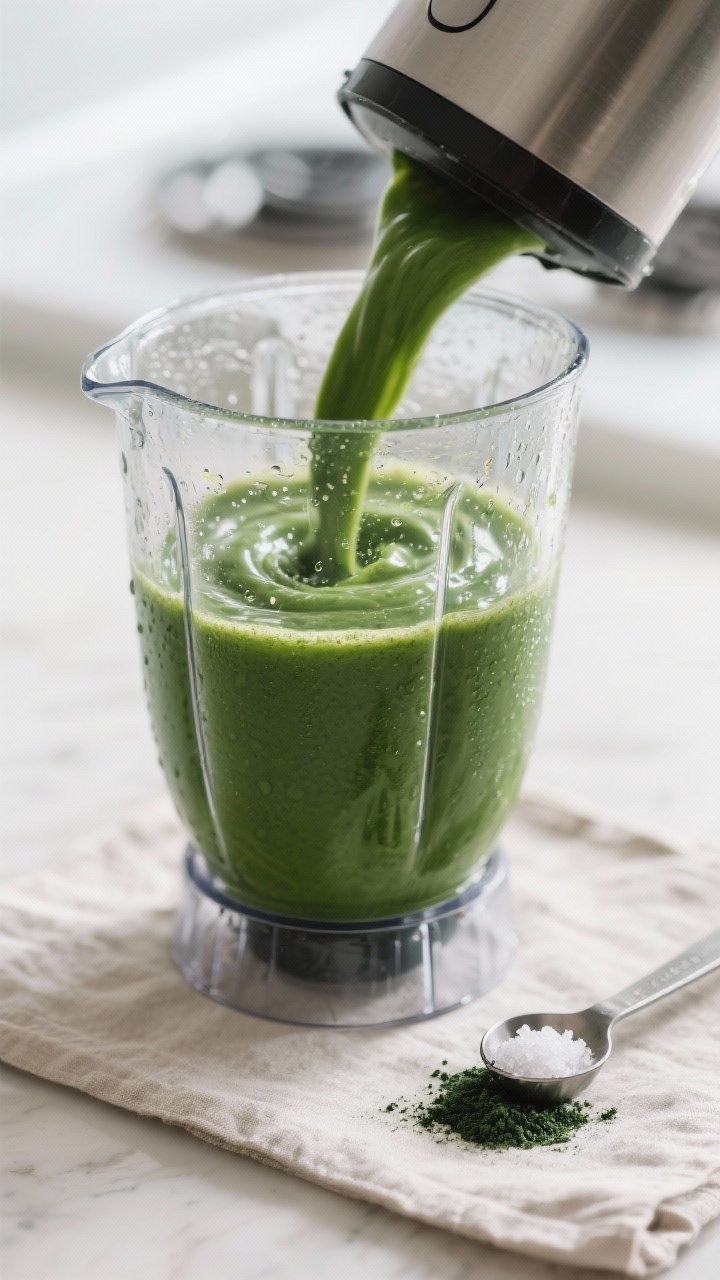 Cooking process: Blender method in action—thick, glossy green smoothie-style juice swirling in a h
