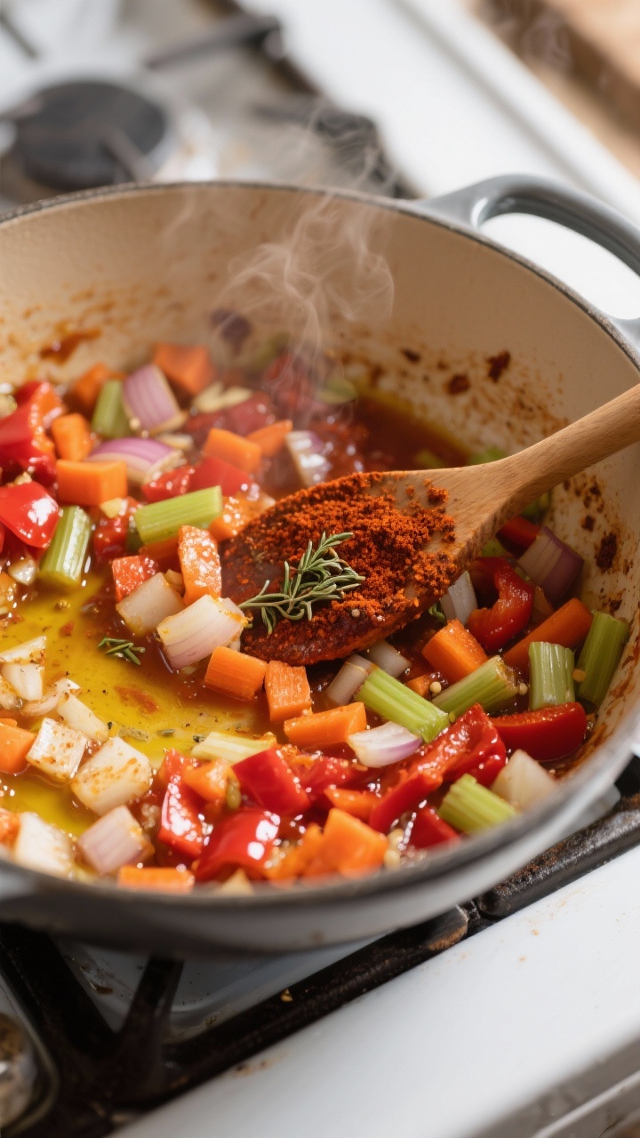 Cooking process – Blooming spices: Close-up of sautéed diced onions, bell peppers, carrots, and c