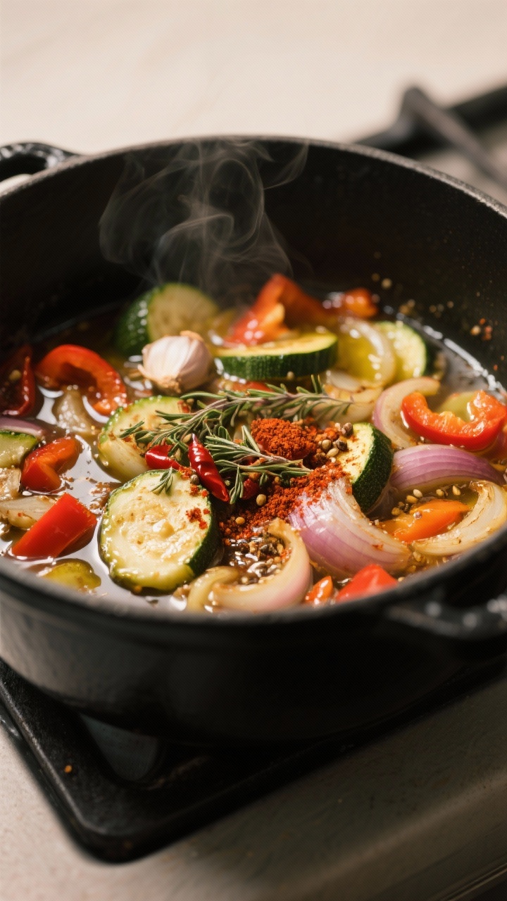 Cooking process — Blooming spices in one pot: Close-up of sautéed onions, bell peppers, garlic, a