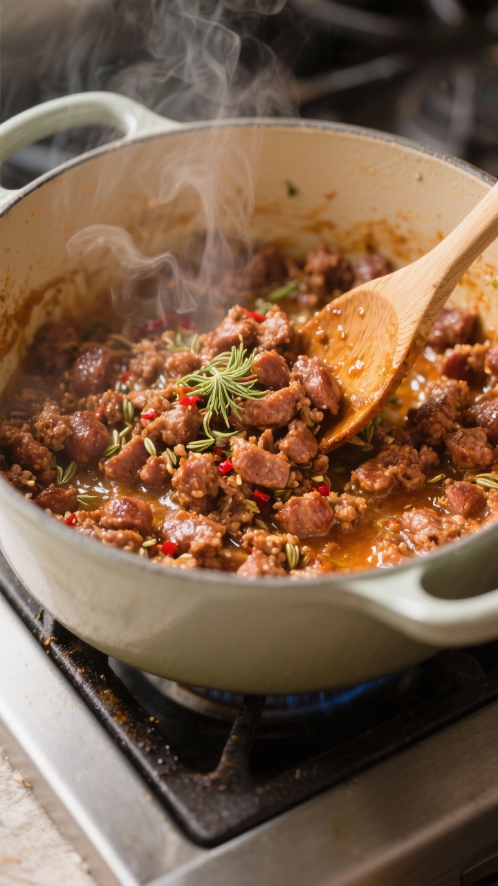 Cooking process — Browning the sausage: Close-up of crumbled Italian sausage sizzling in a Dutch o
