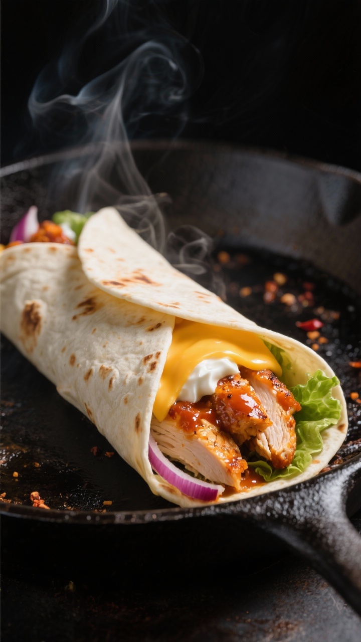 Cooking process – Buffalo Chicken Wrap sear: Sliced leftover grilled chicken tossed in glossy buff