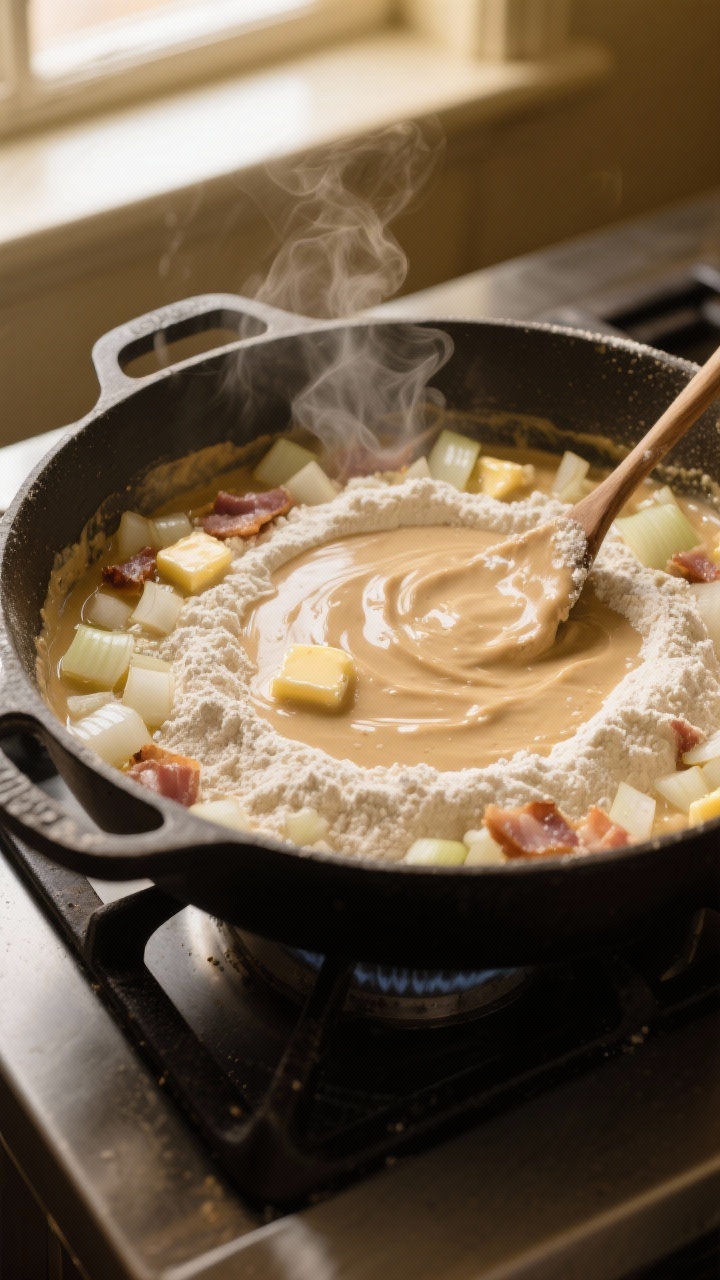 Cooking process — building the roux: A medium-close shot of diced onions sautéing in butter and b